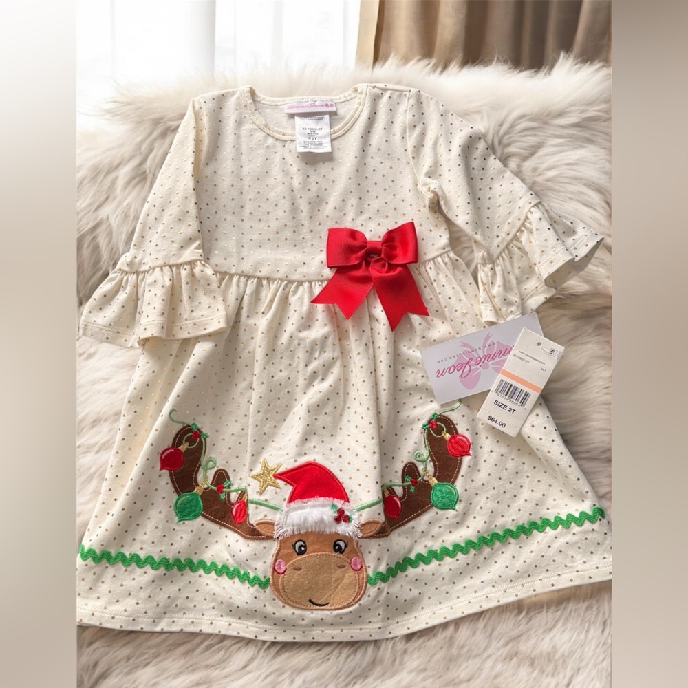 Bonnie Jean Cream Christmas Holiday Dress with Red Accents size 2 toddler